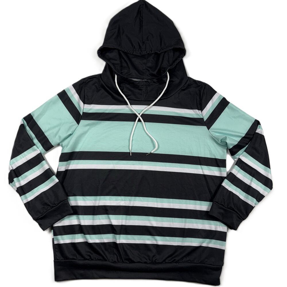 Women's Black White Green Stripes Color Block Hoodie Long Sleeve Shirt  - Picture 2 of 8
